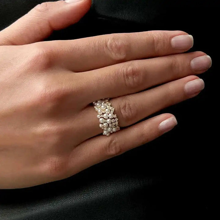 Gold Adjustable Ring Róisín with Pearls and Zirconia