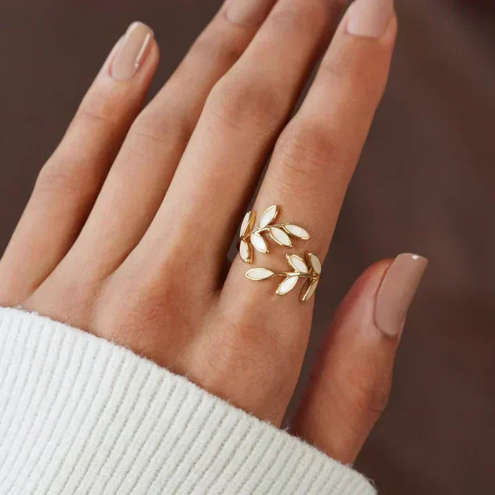 Gold Open Ring Caoimhe with Ivory Leaf Motif