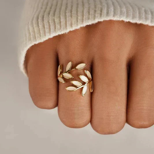 Gold Open Ring Caoimhe with Ivory Leaf Motif