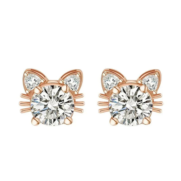 Rose Gold Stud Earrings with Crystal Cat Motif