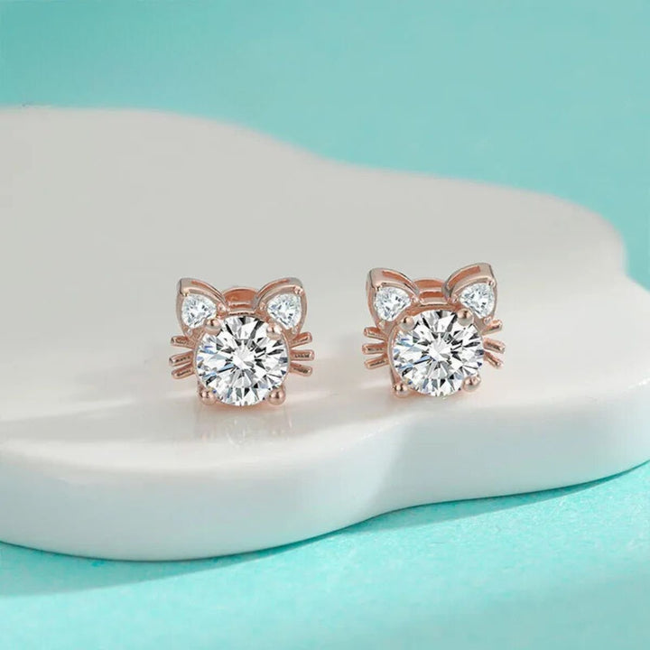 Rose Gold Stud Earrings with Crystal Cat Motif