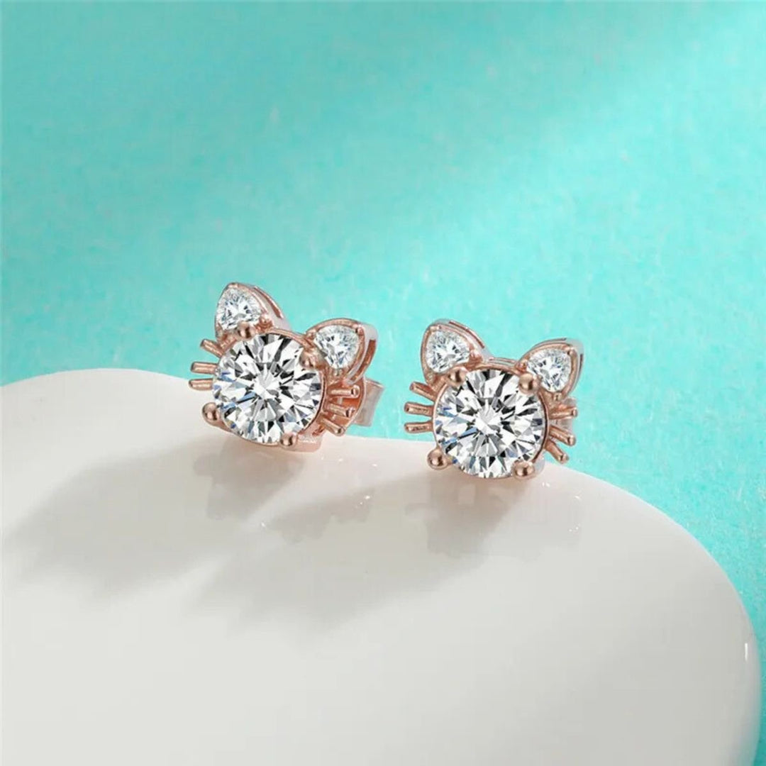 Rose Gold Stud Earrings with Crystal Cat Motif
