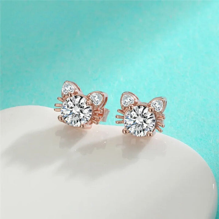 Rose Gold Stud Earrings with Crystal Cat Motif