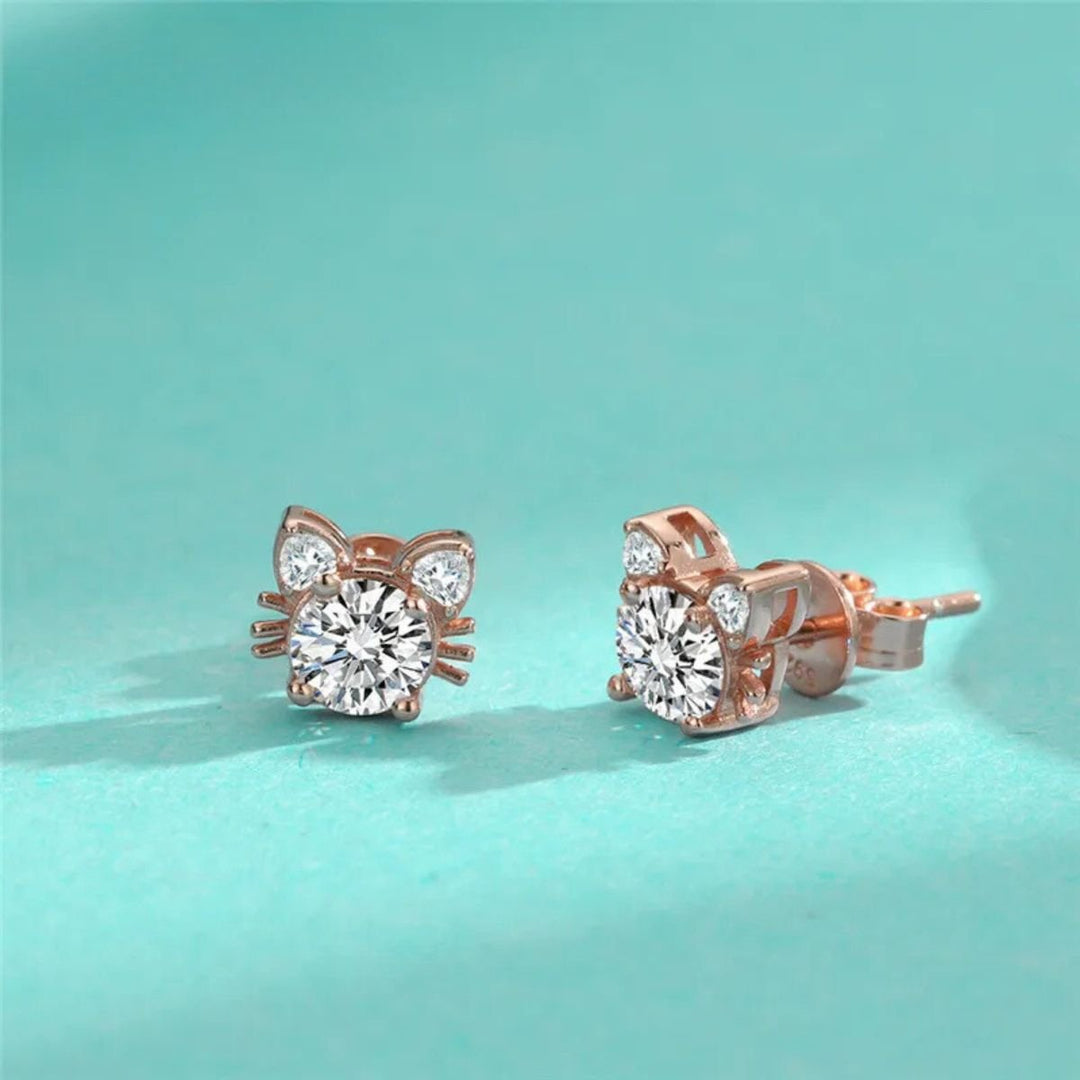Rose Gold Stud Earrings with Crystal Cat Motif