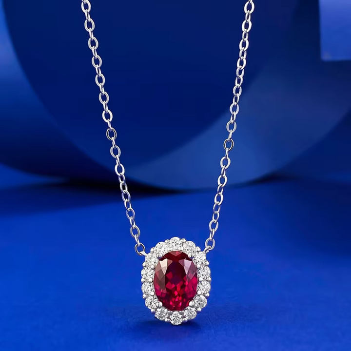 Silver Necklace Bríd with Ruby and Zirconia Halo