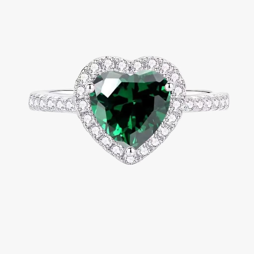Silver Ring Sinéad with Emerald Heart &amp; Crystal Halo