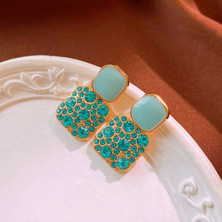 Gold Drop Earrings with Turquoise and Green Crystals