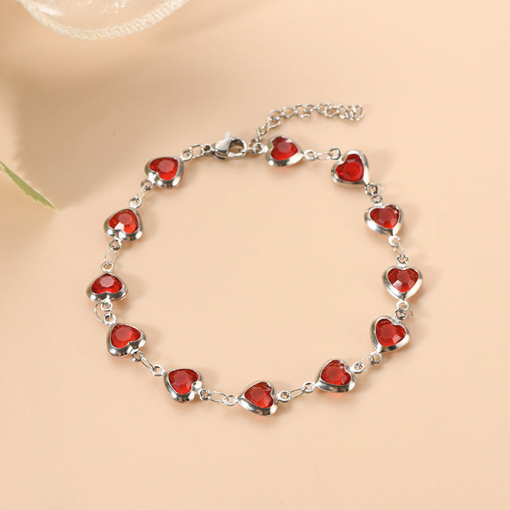 Silver Chain Bracelet Neasa with Ruby Hearts