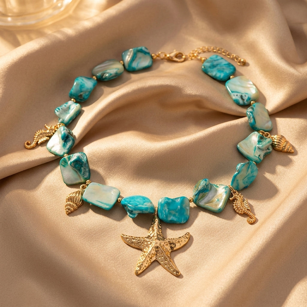 Gold Beaded Necklace Ailbhe with Starfish and Turquoise