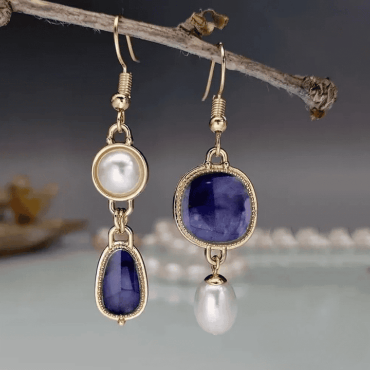 Gold Drop Earrings Riona with Blue Stones and Pearl
