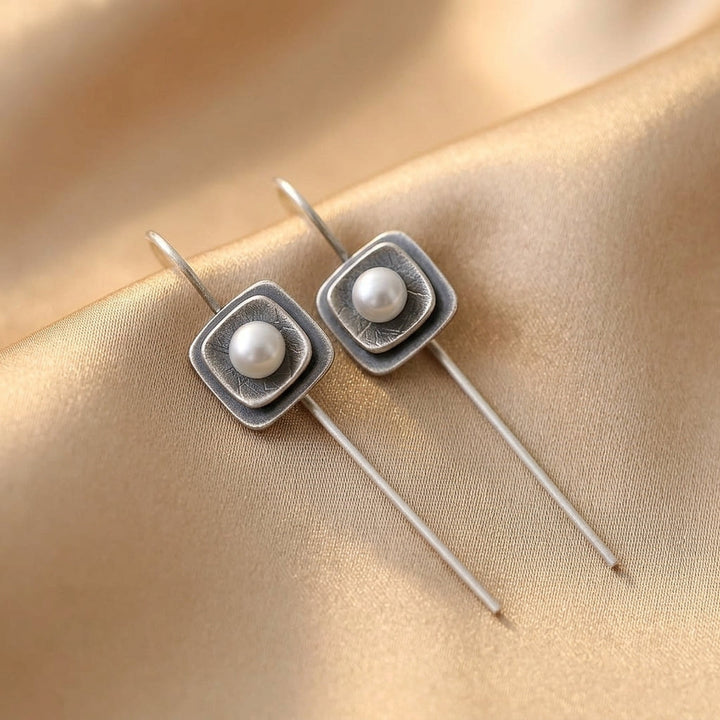 Silver Drop Earrings with Pearl and Square Frame