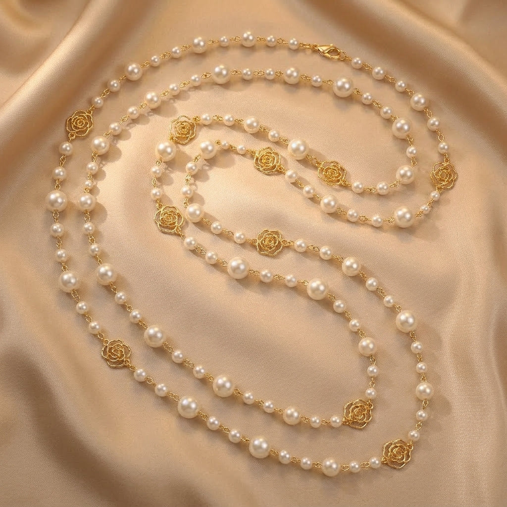 Pearl Beaded Necklace Muirne with Gold Rose Motif
