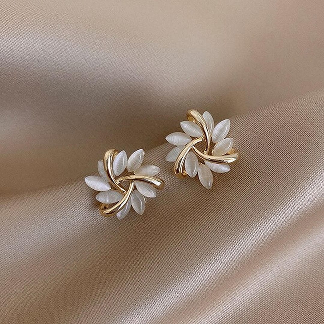 Gold Stud Earrings Aoife with White Opal Petals