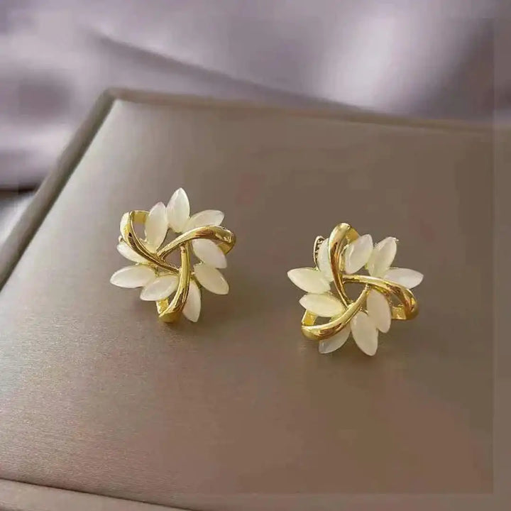 Gold Stud Earrings Deirbhile with White Opal Blooms