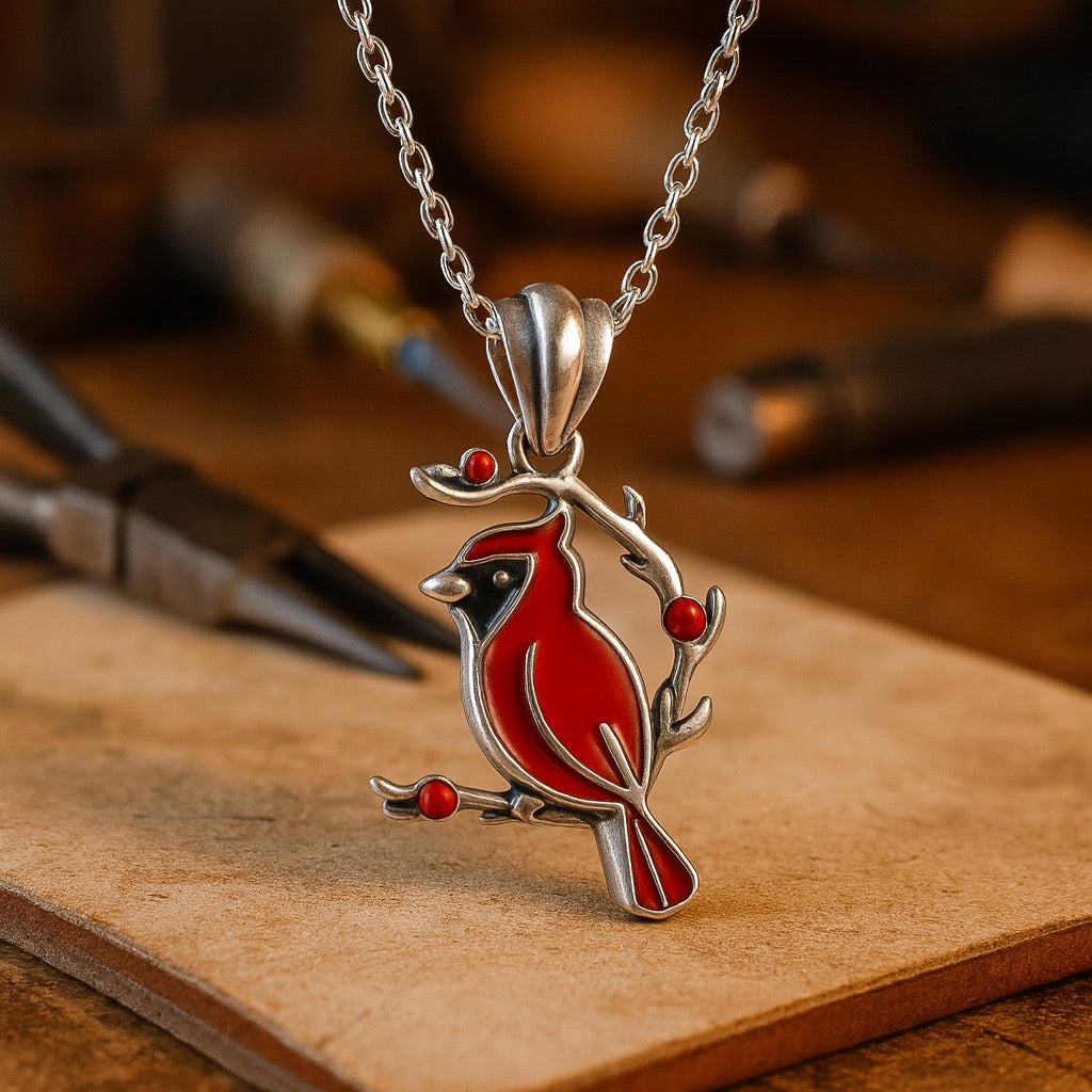 Silver Necklace Saoirse with Red Cardinal