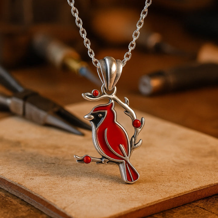 Silver Necklace Saoirse with Red Cardinal