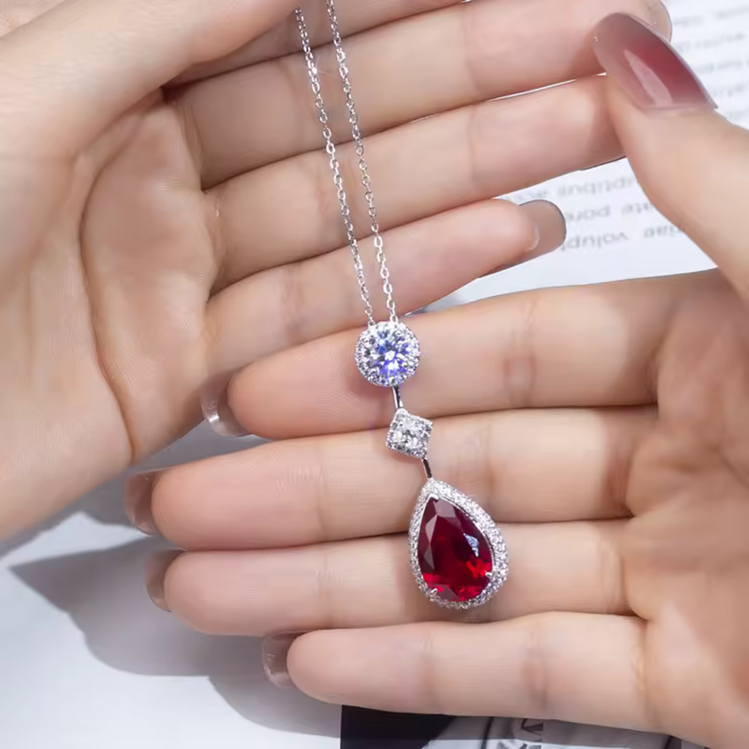 Silver Necklace Ailbhe with Ruby Teardrop and Zirconia