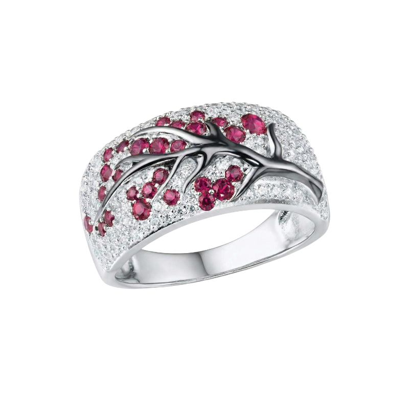 White Gold Ring with Ruby and Blossom Branch Motif