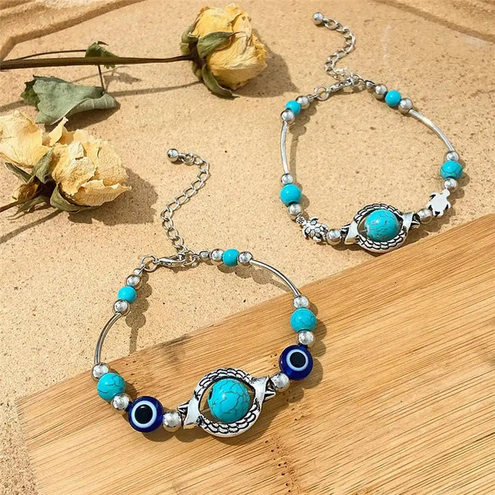 Antique Silver Beaded Bracelet with Turquoise &amp; Evil Eye