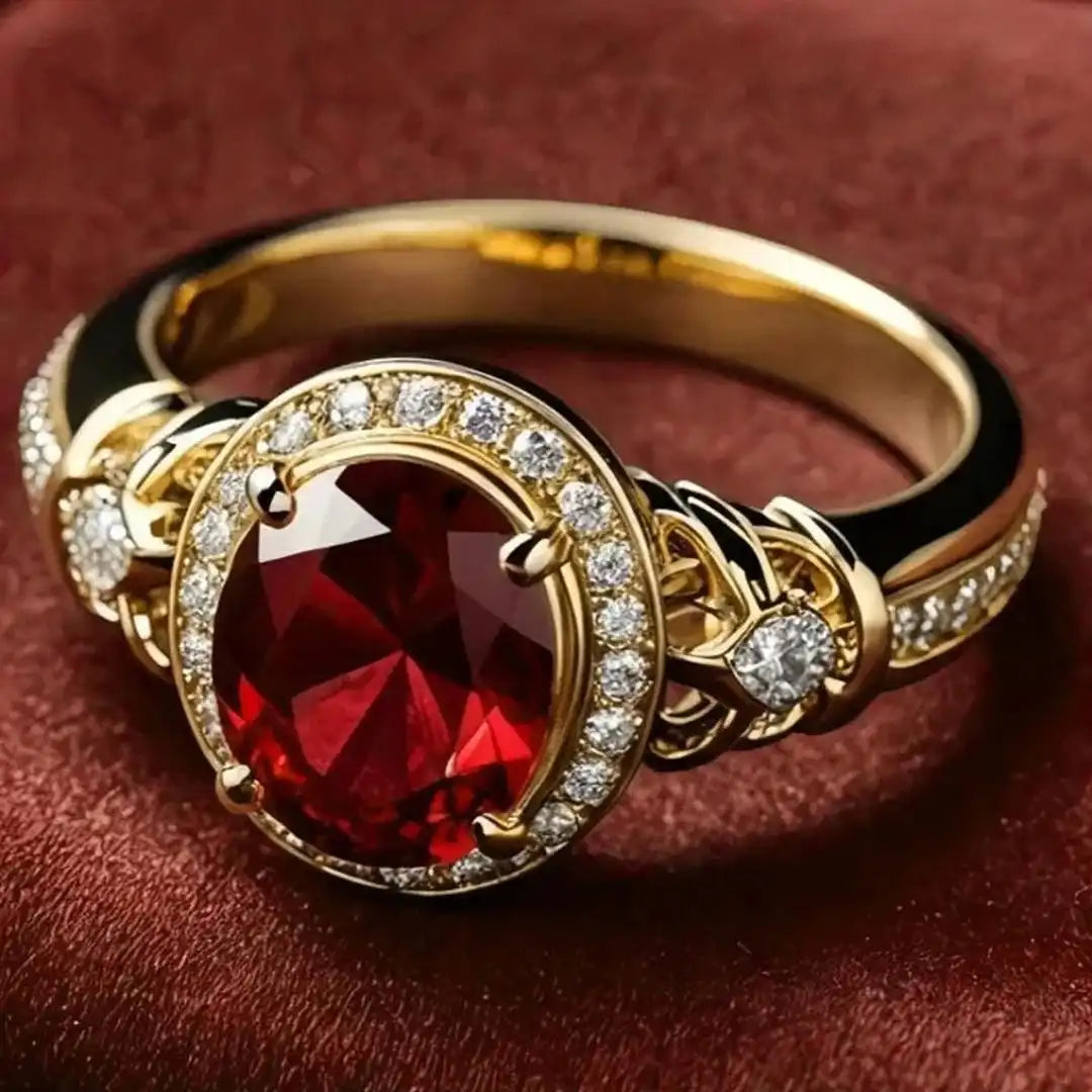 Gold Ring Muirne with Ruby Halo
