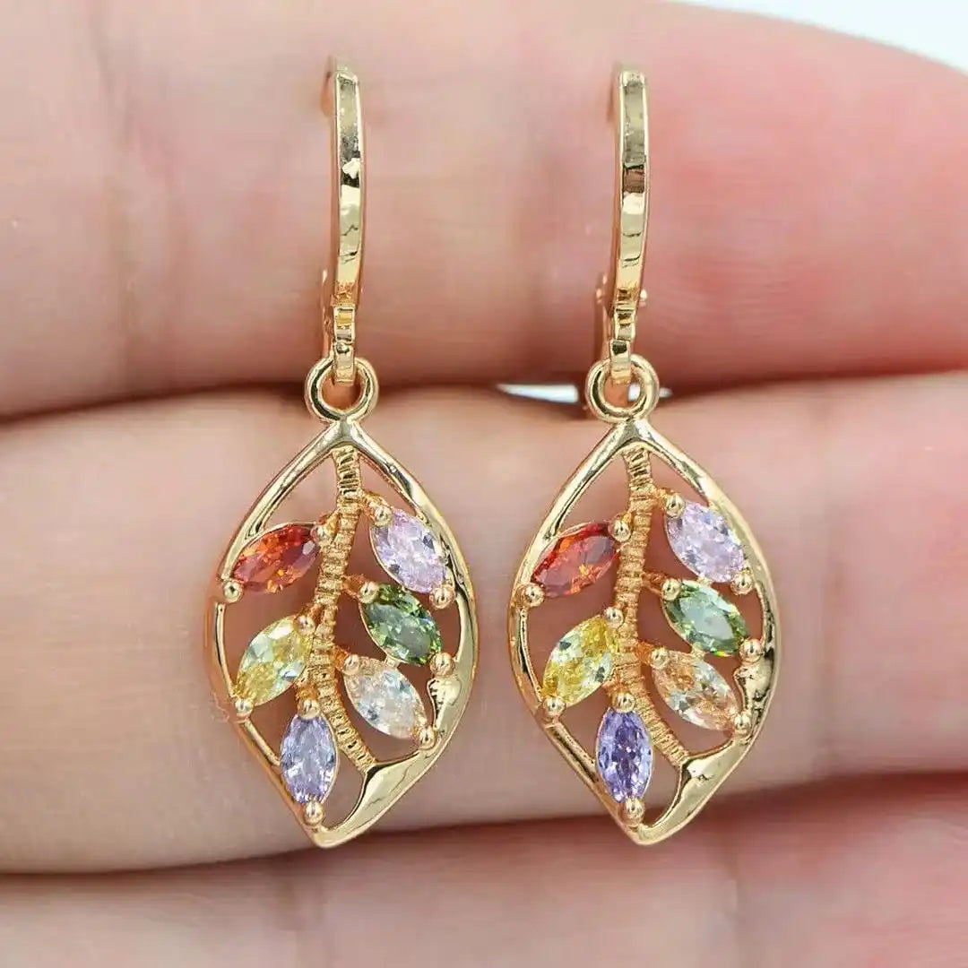 Gold Drop Earrings with Multicolour Crystal Leaf Motif
