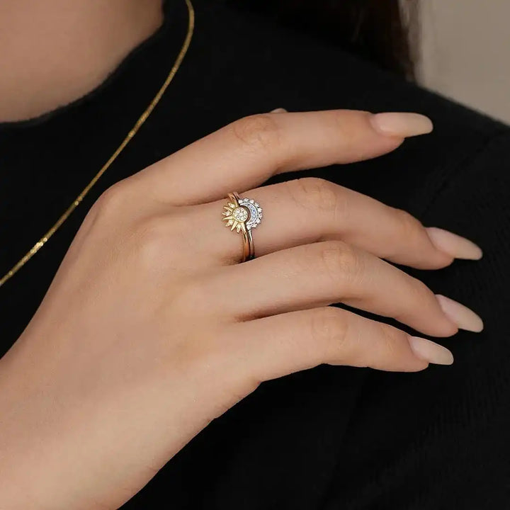 Gold &amp; Silver Ring Set Aoife with Sun &amp; Moon Motif