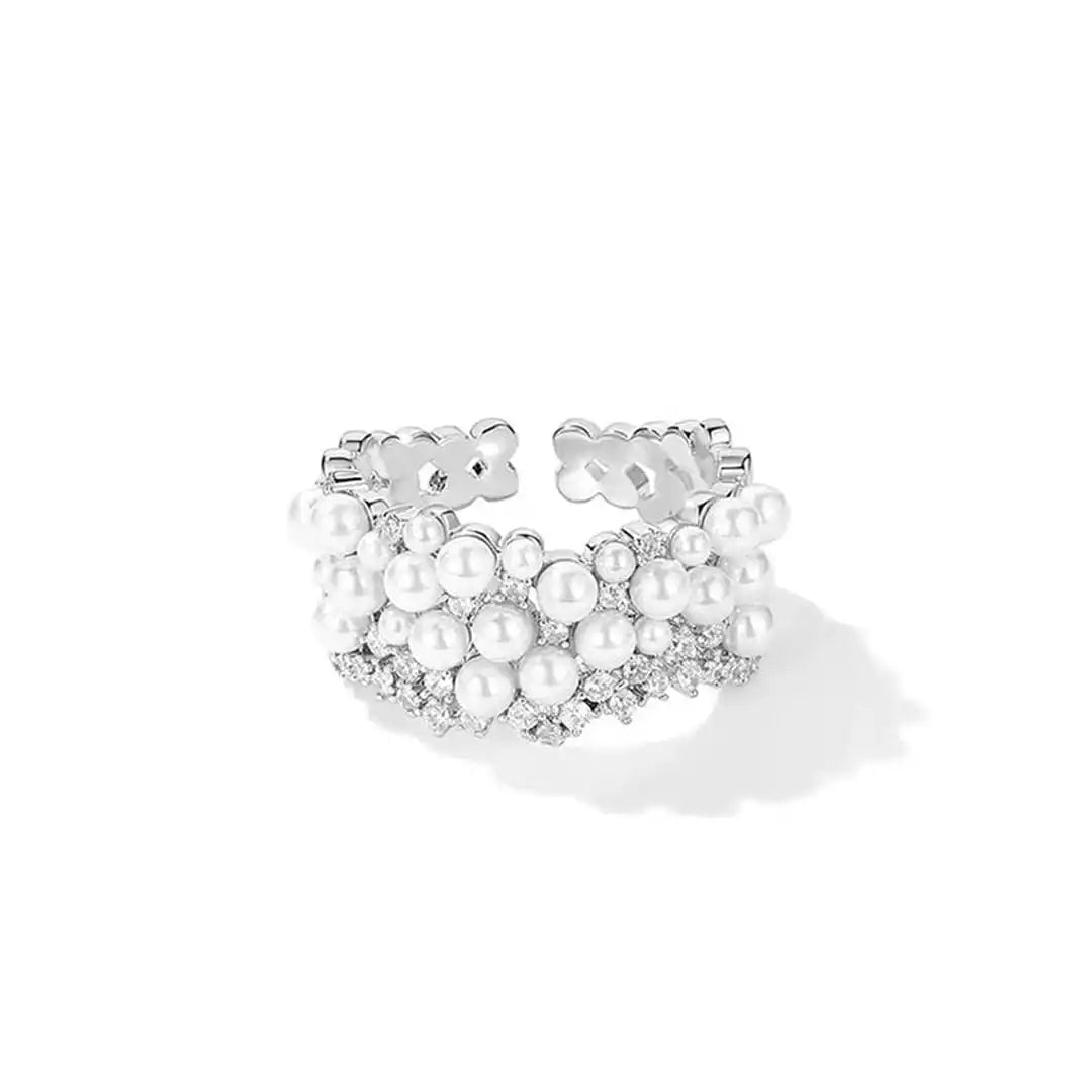 Gold Adjustable Ring Gobnait with Pearls and Zircon