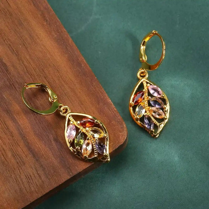 Gold Drop Earrings with Multicolour Crystal Leaf Motif