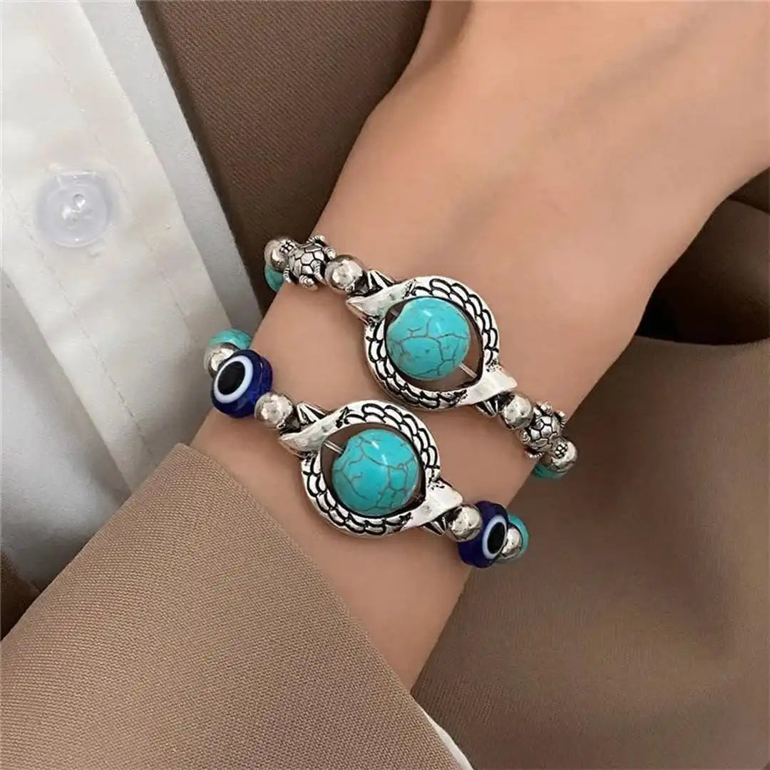 Antique Silver Beaded Bracelet with Turquoise &amp; Evil Eye
