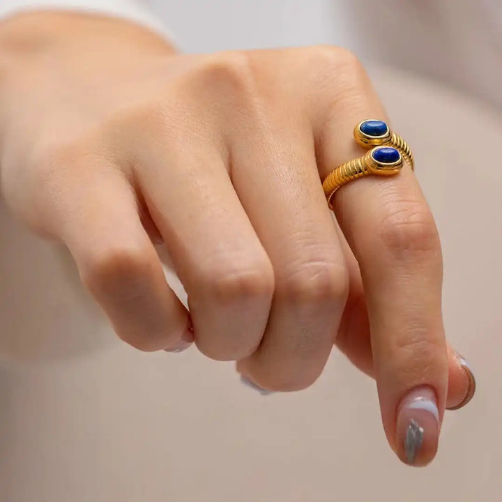 Gold Adjustable Ring with Lapis Lazuli and Turquoise
