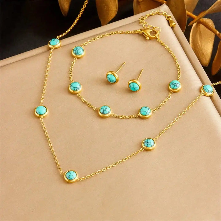 Gold Turquoise Bracelet, Necklace &amp; Earrings Set