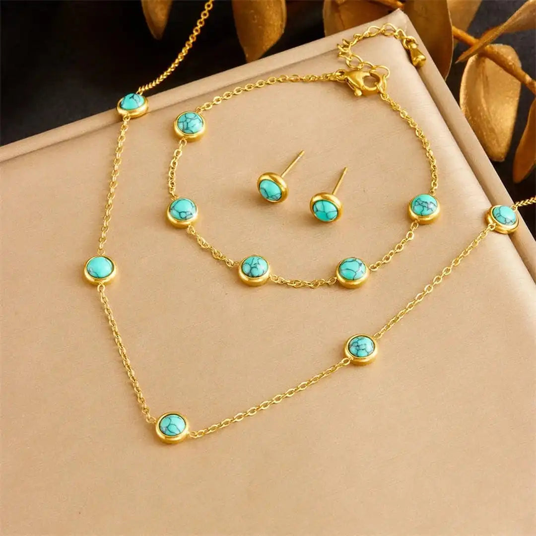 Gold Turquoise Necklace, Earrings and Bracelet Set