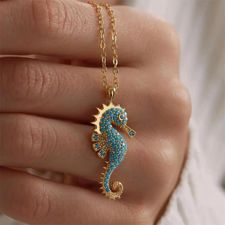 Gold Necklace Clíodhna with Turquoise Seahorse
