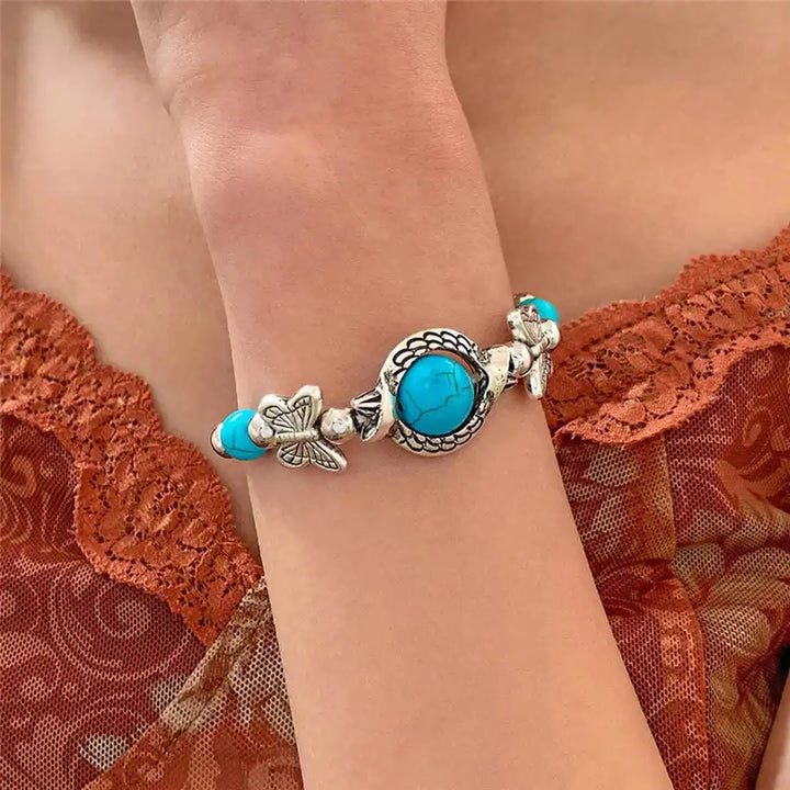 Antique Silver Beaded Bracelet with Turquoise &amp; Evil Eye