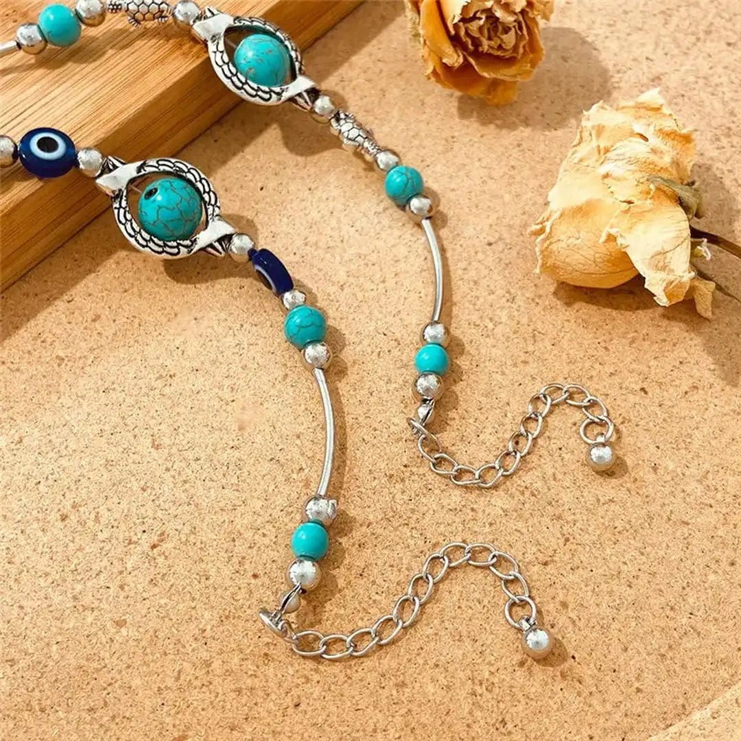 Antique Silver Beaded Bracelet with Turquoise &amp; Evil Eye