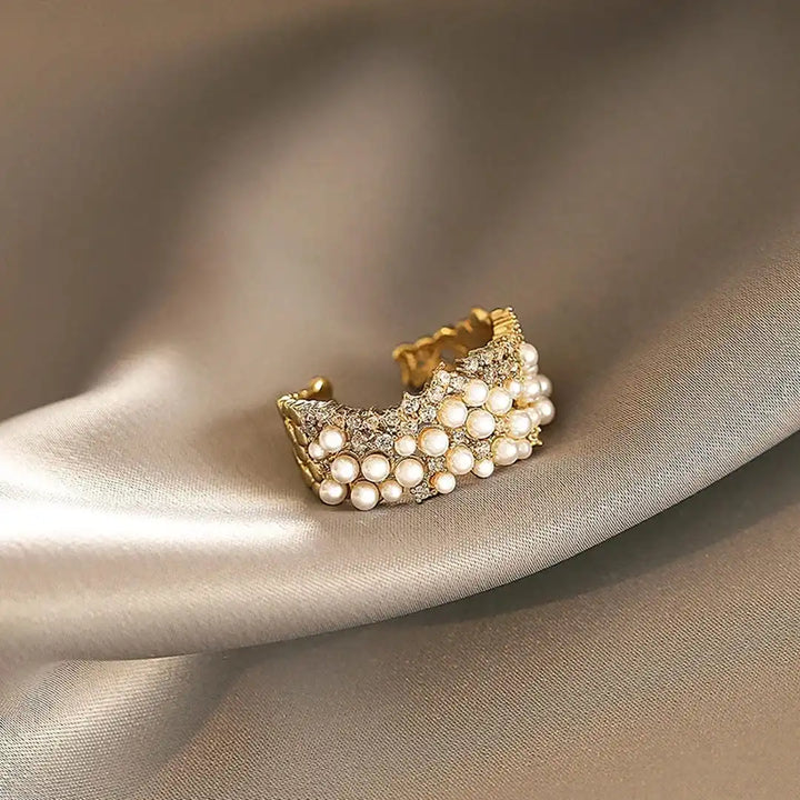 Gold Adjustable Ring Gobnait with Pearls and Zircon