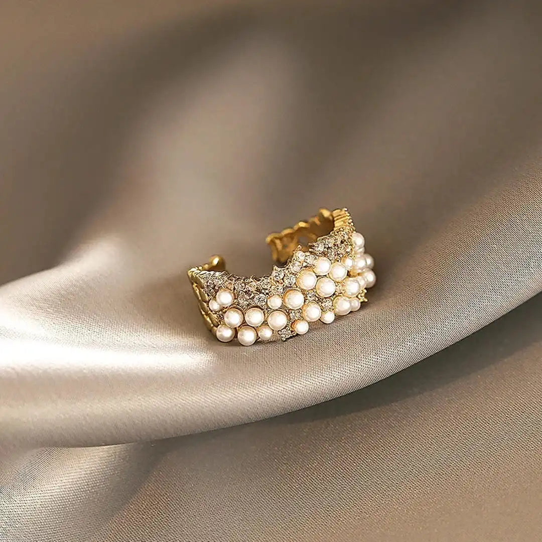Gold Adjustable Ring Róisín with Pearls and Zirconia