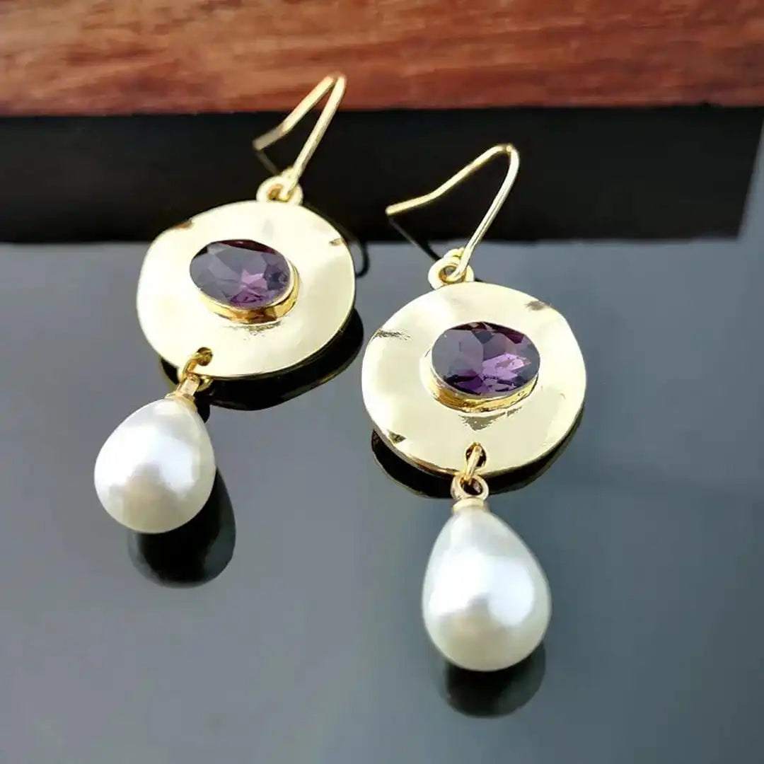 Gold Drop Earrings Dingle with Amethyst and Pearl