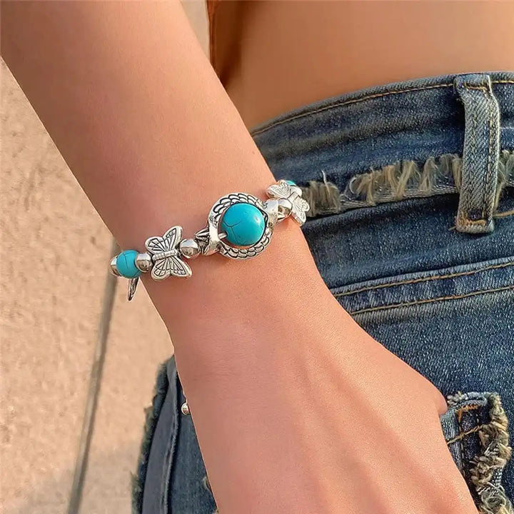 Antique Silver Beaded Bracelet with Turquoise &amp; Evil Eye