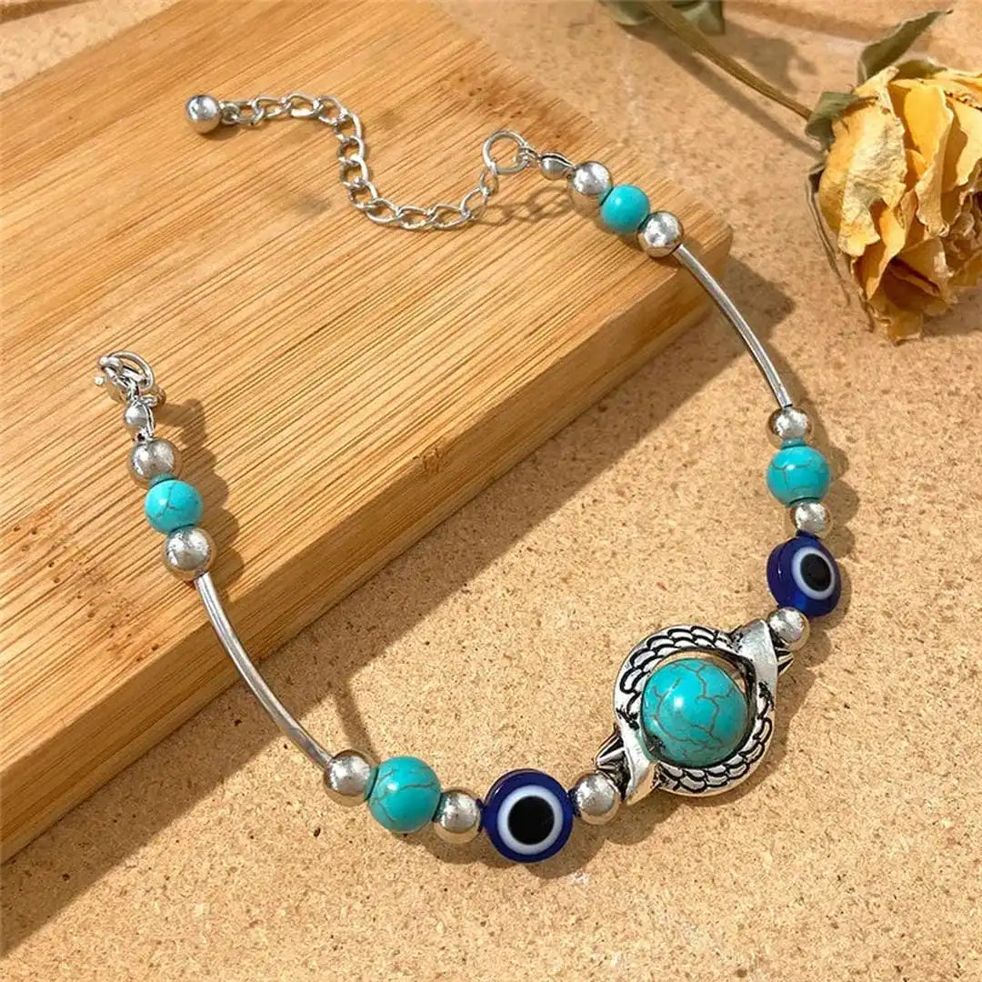 Antique Silver Beaded Bracelet with Turquoise &amp; Evil Eye
