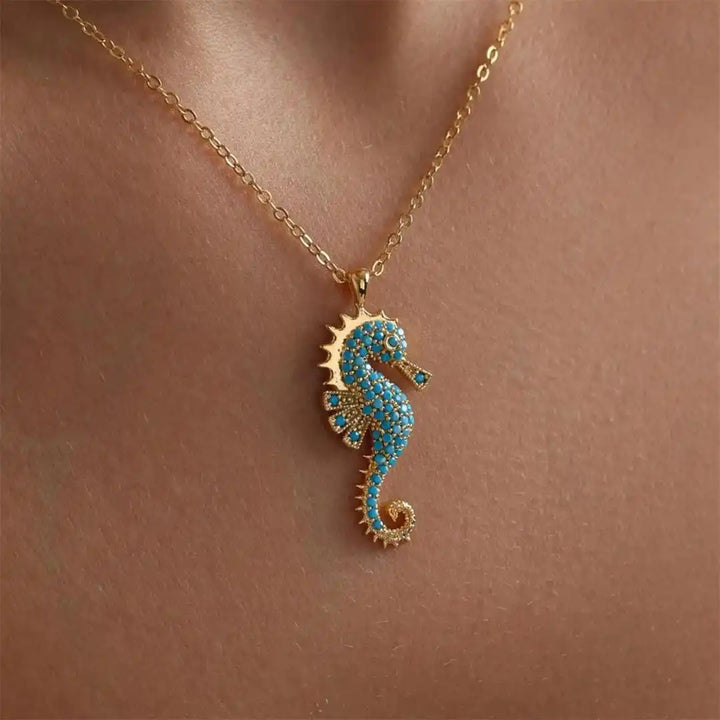 Gold Necklace Clíodhna with Turquoise Seahorse