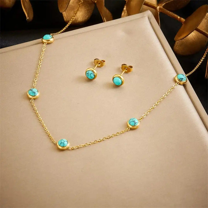 Gold Turquoise Bracelet, Necklace &amp; Earrings Set