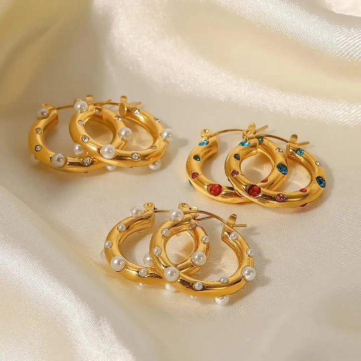 Gold Hoop Earrings Clíodhna with Pearls and Crystals