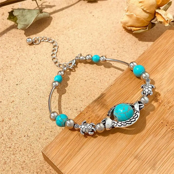 Antique Silver Beaded Bracelet with Turquoise &amp; Evil Eye