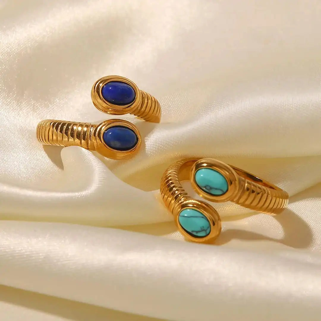 Gold Adjustable Ring with Lapis Lazuli and Turquoise