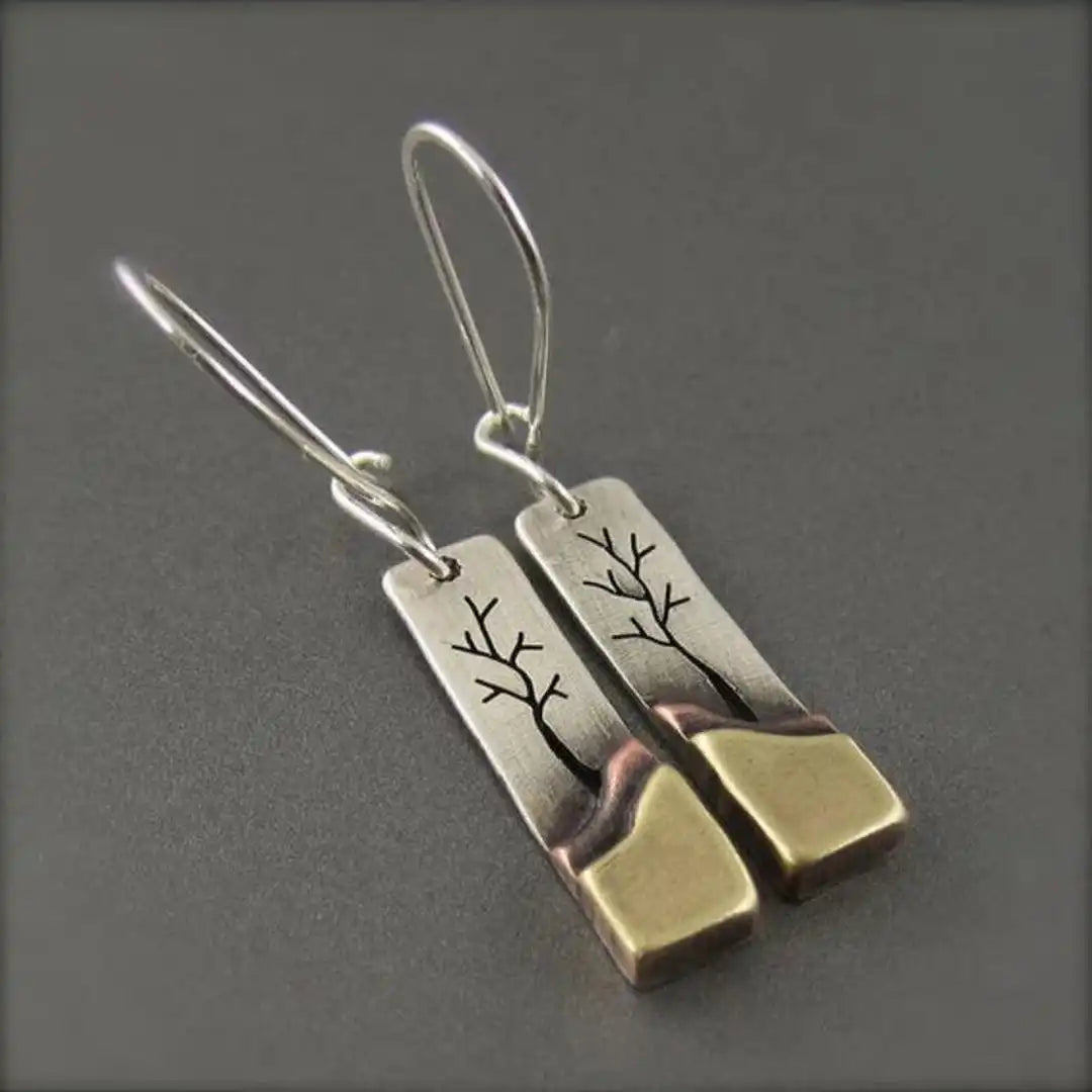 Gold &amp; Silver Drop Earrings Órla with Tree Design