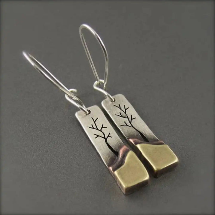 Silver &amp; Gold Drop Earrings Clíona with Tree Motif