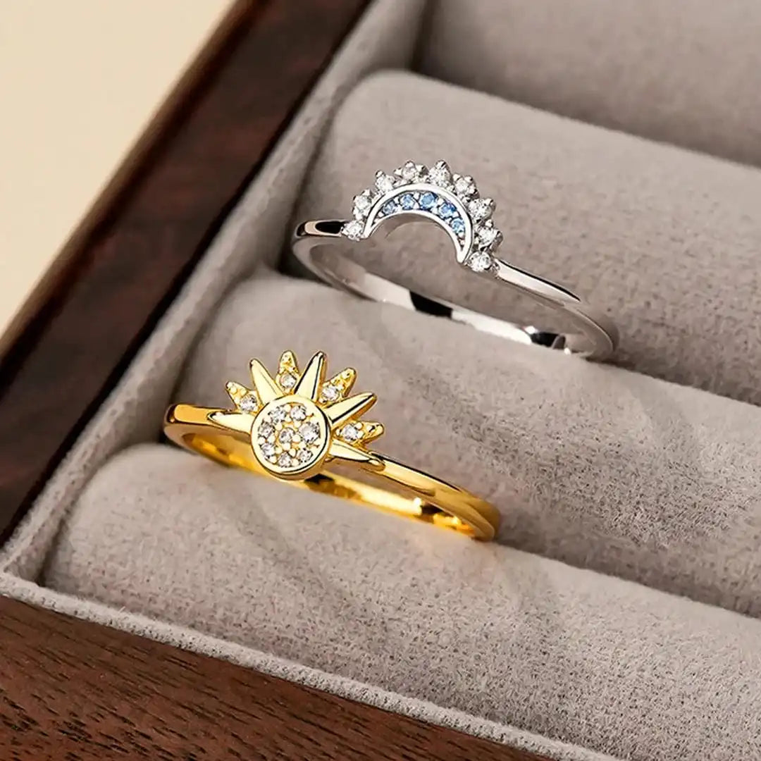 Gold &amp; Silver Ring Set Aoife with Sun &amp; Moon Motif