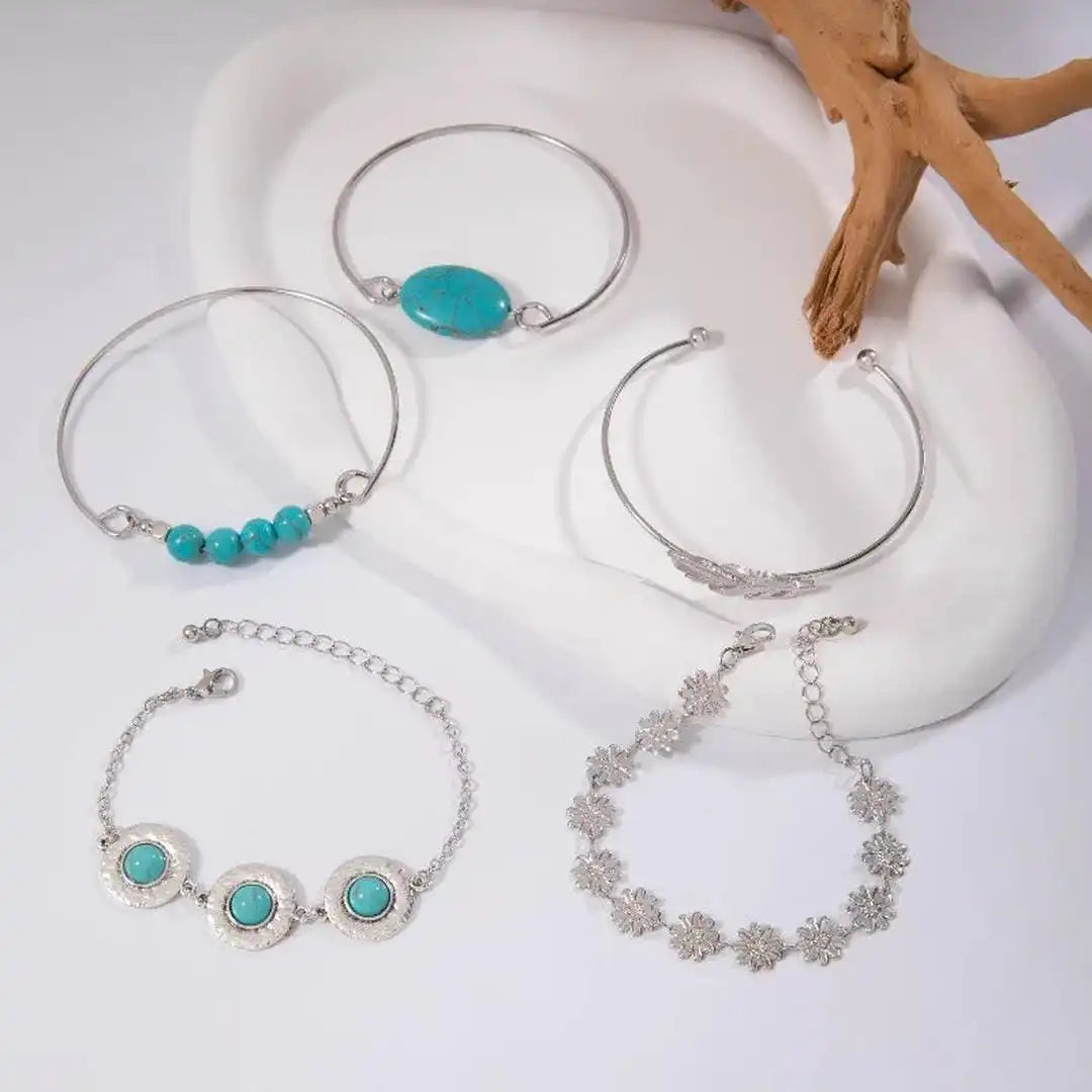 Silver Turquoise Bracelet Set with Flower and Feather Charms
