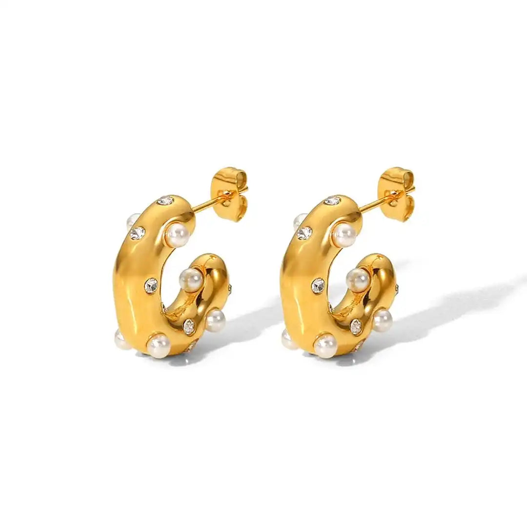 Gold Hoop Earrings Clíodhna with Pearls and Crystals